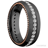 7 mm wide/Domed/Zirconium band with  two 1 mm Sidebraid inlays of 14K Rose Gold and featuring an Eternity arrangement of 03 carat Round Lab Grown Diamond stones in a Bead setting